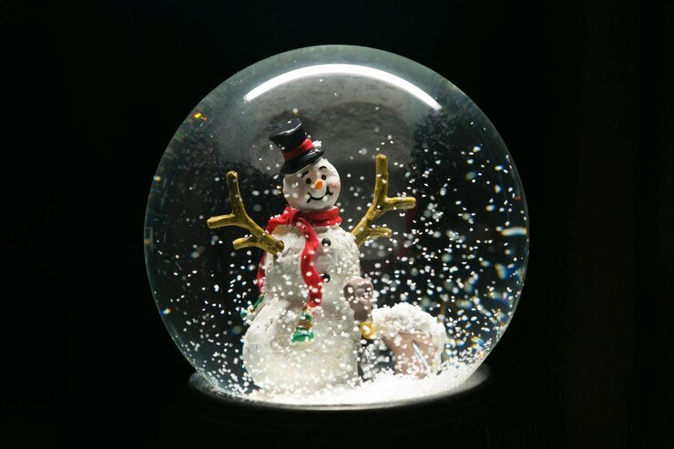 Close-up of a snow-globe inspired camera sitting on a table with a soft winter background.